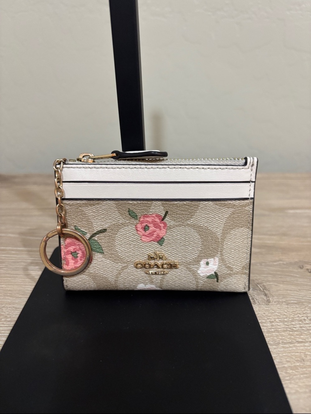 Coach Beige Floral Signature Zip Card Case with Pink Accents